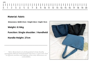 Detailed dimension guide for canvas tote bag measuring 45x30x10cm with 27cm handle strap