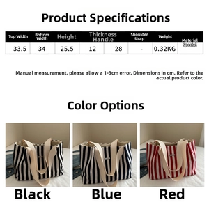 Detailed size chart and dimensions table for the striped canvas tote bag showing colors