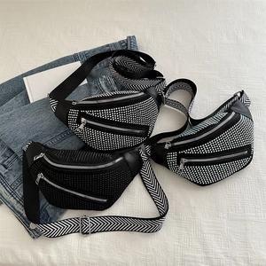 Women Chest Bag Rhinestone Rivet PU Leather Waist Pack Wide Chevron Strap Adjustable Crossbody Streetwear Fashion