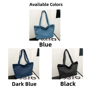 Detailed view of canvas tote bags in blue and black colors with long shoulder straps