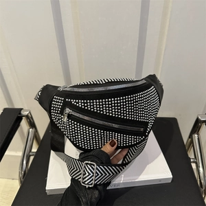 Fashionable black studded waist bag with rhinestone accents and geometric wide strap