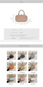 Detailed size chart and multi-color options for the rigid PU mini box crossbody bag