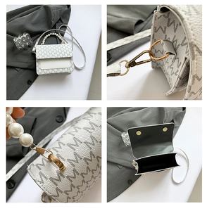 Detail shots of white square mini bag with pearl handle and grey letter print texture