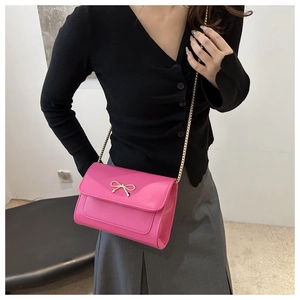Detail of rose pink crossbody bag with gold bow buckle and chain strap on a model