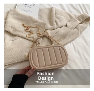 Detail of light brown crossbody bag with vertical quilted texture and gold chain strap