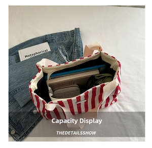 Top view of striped canvas tote bag showing spacious interior with tablet and books