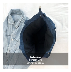 Detail of the navy blue tote bag interior with durable lining and silver zipper closure