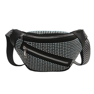 Fashionable black fanny pack with silver rhinestones and striped wide shoulder strap