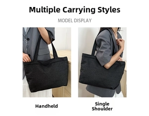 Detail showing handheld and shoulder carrying styles of this black canvas tote bag