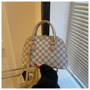 Retro quilted shell handbag in beige and dark vintage pattern with gold hardware