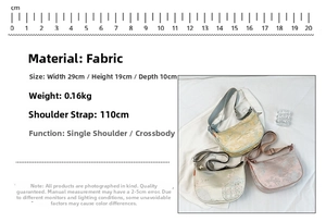 Detailed size view of crescent crossbody bag with Chinese ink landscape pattern print