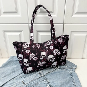 Grand sac cabas en toile avec motif gothique de crâne et fleurs pour femme