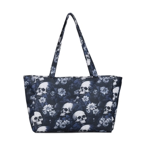 Sac cabas bleu foncé avec imprimé tête de mort et fleurs blanches en vue frontale épurée