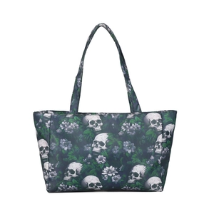 Large tote bag with gothic skull and purple floral print on white background