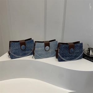 Denim Rhinestone Shoulder Bag For Women Vintage Y2K Handbag With Brown Leather Trim And Silver Metal Chain Retro Style
