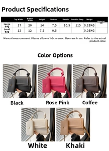 Detailed size chart for minimalist PU crossbody square bags in five available colors