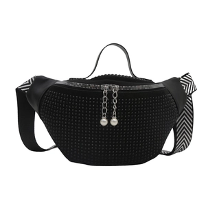 Black studded crossbody waist bag with shiny rivets and chevron pattern strap