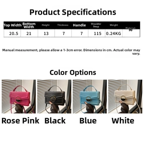 Detailed size chart and specifications for the minimalist PU leather crossbody square bag