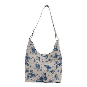 Sac bandoulière minimaliste crème avec imprimé papillon bleu et anneaux dorés élégants