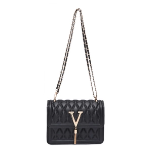 Quilted chain shoulder bag in black with gold V-shape tassel buckle and metal hardware