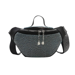Fashionable black waist bag with colorful rhinestones and striped wide shoulder strap