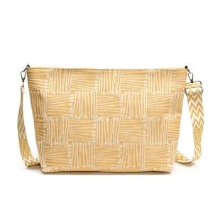 Large capacity yellow plaid canvas tote bag with woven wide shoulder strap for women