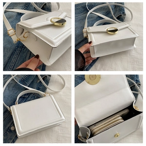 Detailed views of a white square handbag showing interior capacity and golden buckle detail