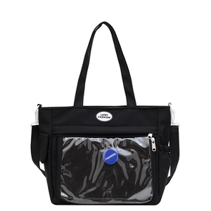 Black Japanese style tote bag with transparent display window and round fashion patch