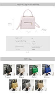Detailed size chart and multi-color options for the quilted crossbody bag with top handle