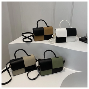 Contrast color patchwork square handbags for women in black, brown, green and white tones