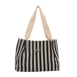Large striped canvas tote bag for women with black and white vertical patterns and top handles