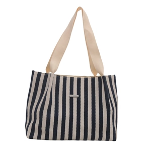 Grand sac cabas en toile rayée bleu marine et blanc avec des anses en coton solide
