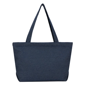 Classic dark blue denim tote bag with durable canvas straps on white background