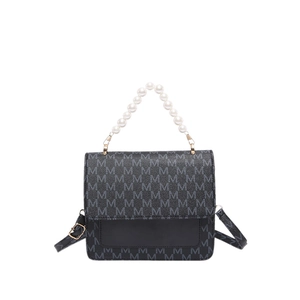 Retro black crossbody bag with M letter print and elegant white pearl top handle