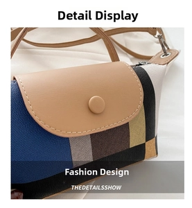 Détail rapproché du sac en toile patchwork rétro avec bandoulière et fermoir en cuir