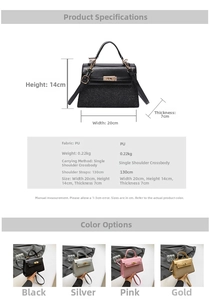Guía de tallas con dimensiones 20x14x7cm y especificaciones para bolso de lentejuelas