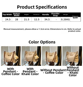Size chart showing large tote bag dimensions with handle height and color options