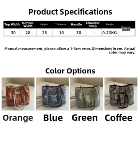 Size chart showing dimensions and colorful striped tote bag options in four colors