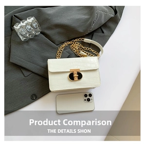 Detailed view of white crocodile texture bag with gold T-clasp and smartphone for scale