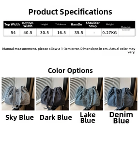 Size chart showing large canvas tote dimensions and blue denim color options