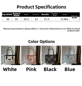 Detailed dimension chart showing sizes for colorful gradient striped tote bag
