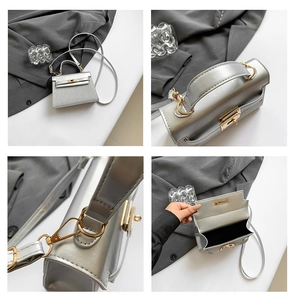 Vista dettagliata della mini borsa argento con manico, hardware e struttura interna