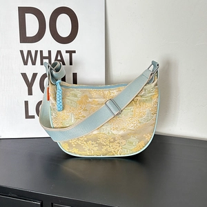 New Chinese style jacquard silk moon bag with landscape pattern and blue strap