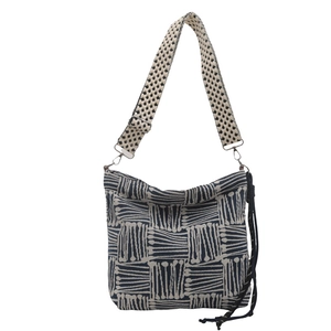 Large geometric pattern canvas tote bag with adjustable star print shoulder strap