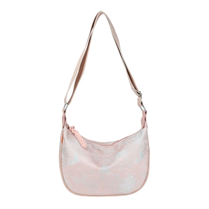 Pink silk jacquard half-moon bag with blue landscape patterns and wide shoulder strap