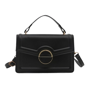 Classic black crossbody bag with gold buckle and top handle shown on white background