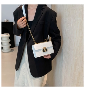 Detail of white crocodile texture on shoulder bag with gold chain strap and metal clasp