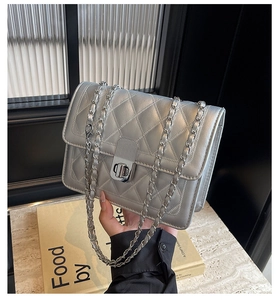 Detailed view of silver quilted crossbody bag with metallic chain and turn-lock closure