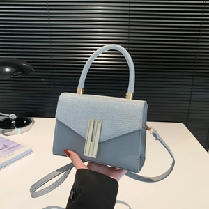 Chic grey-blue panelled handbag with glitter flap and gold H buckle for women