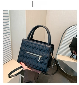 Detail of black quilted shoulder bag with decorative metal zipper and top handle